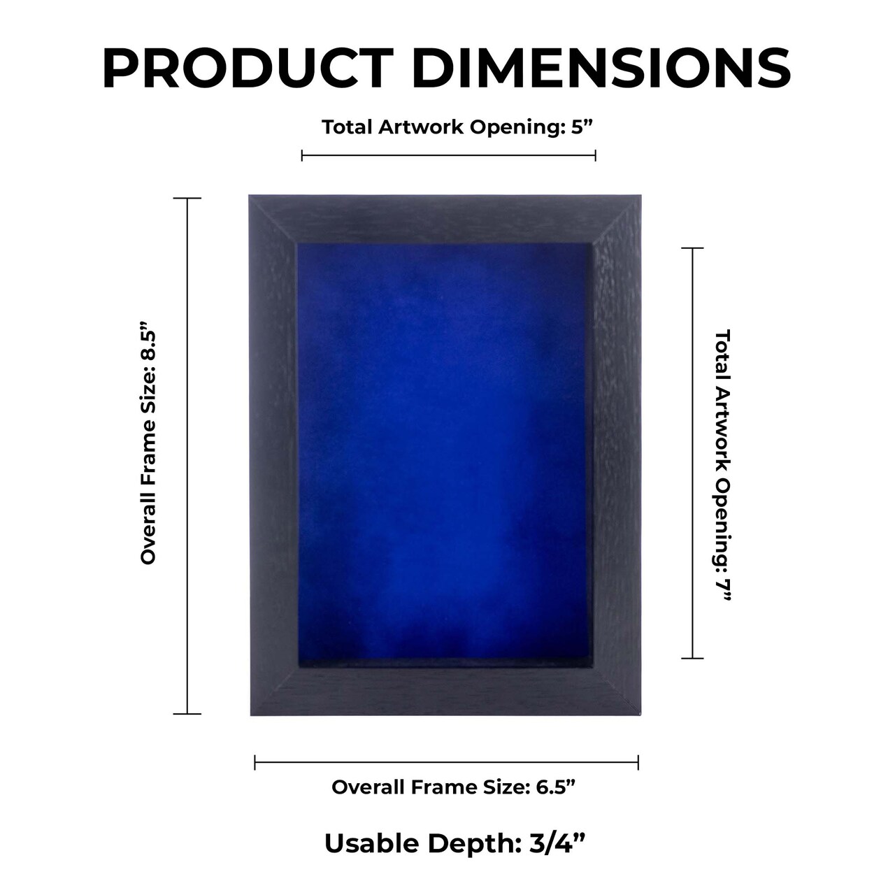 Black Wood Grain Shadow Box Frame with Acrylic Front - Royal Blue Suede Backing, 30 Sizes
